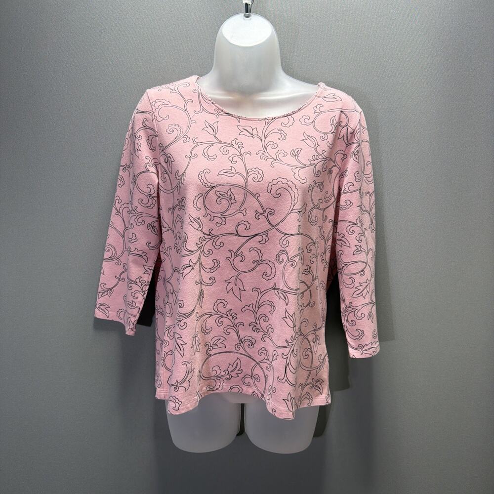Chico's Womens Large 3/4 Sleeve Pink Paisley Damask Casual Top Stretch